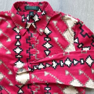 LAUREN Ralph Lauren Petite Vintage Women’s Blouse Southwestern Red Pattern
